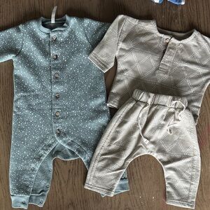 Rylee & Cru Bundle, 0-3 Months Cozy Kids One Piece Set - Blue and Tan